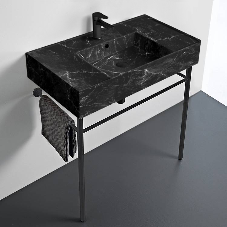 Scarabeo 5123-G-CON-BLK Black Marble Style Console Sink and Matte Black Metal Legs, 32 Inch